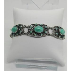 Silver Bracelet, Openwork Links With Aventurine And Turquoise Cabochons, 1920.