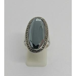 Silver Ring, Large Faceted Hematite And Marcasite Paving, Art Deco.