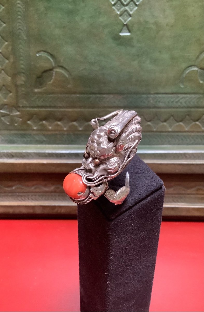 Tibet Ring XIXth Silver And Coral-photo-2