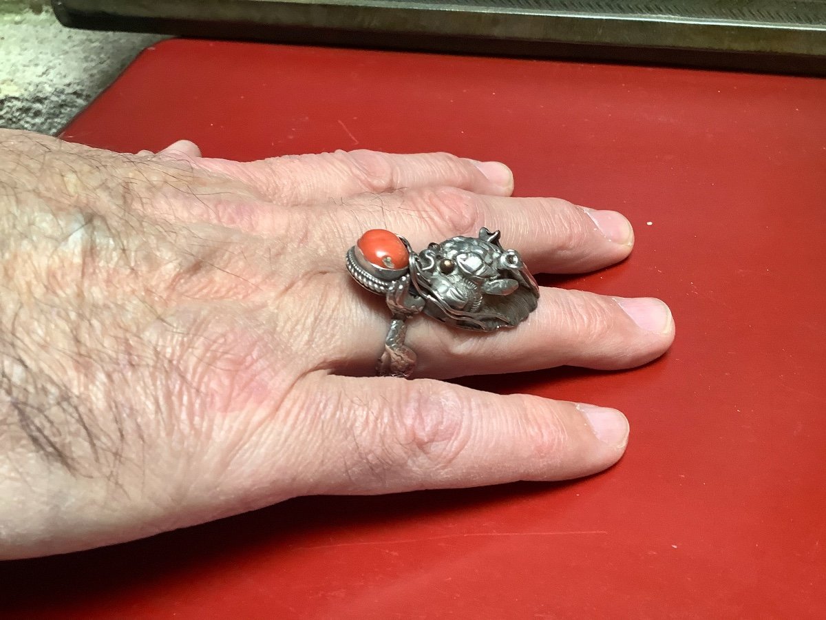 Tibet Ring XIXth Silver And Coral-photo-1