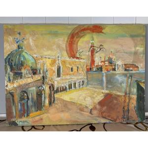 Large Painting Guy Jeanjean “venice” Montpellier School 
