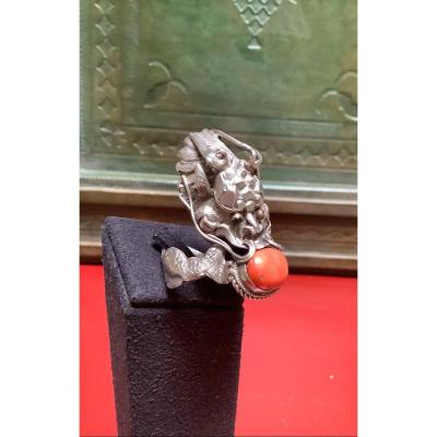 Tibet Ring XIXth Silver And Coral