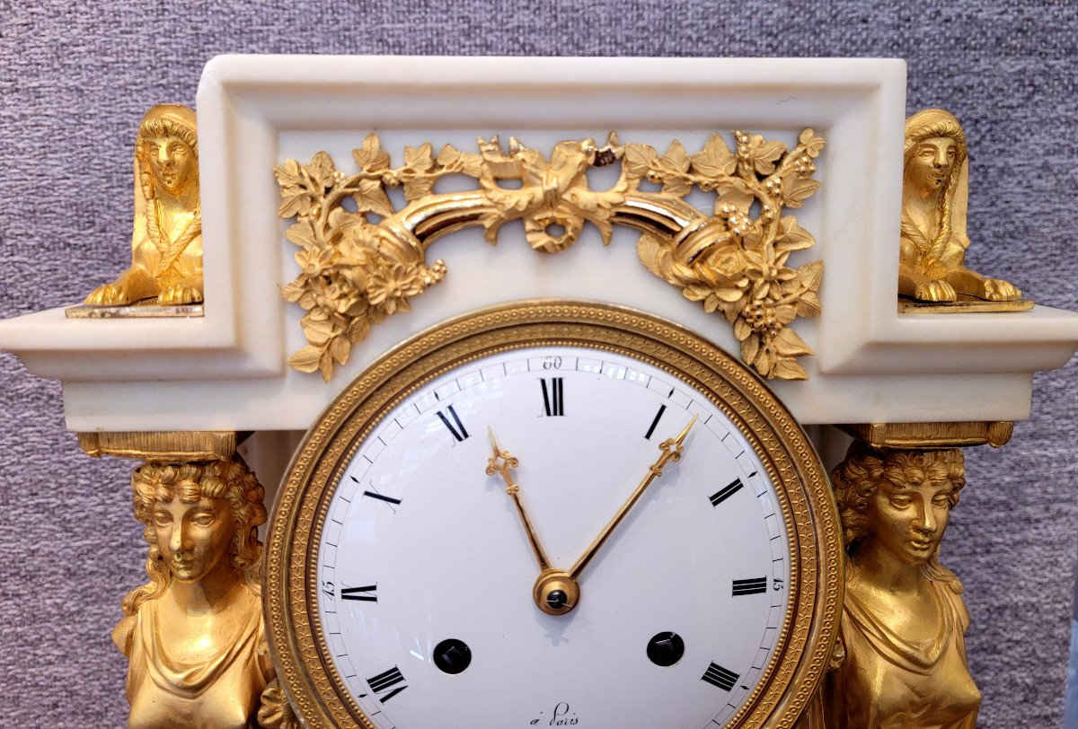 Empire Portico Clock, Gilt Bronze, Carrara Marble And Black Marble-photo-3