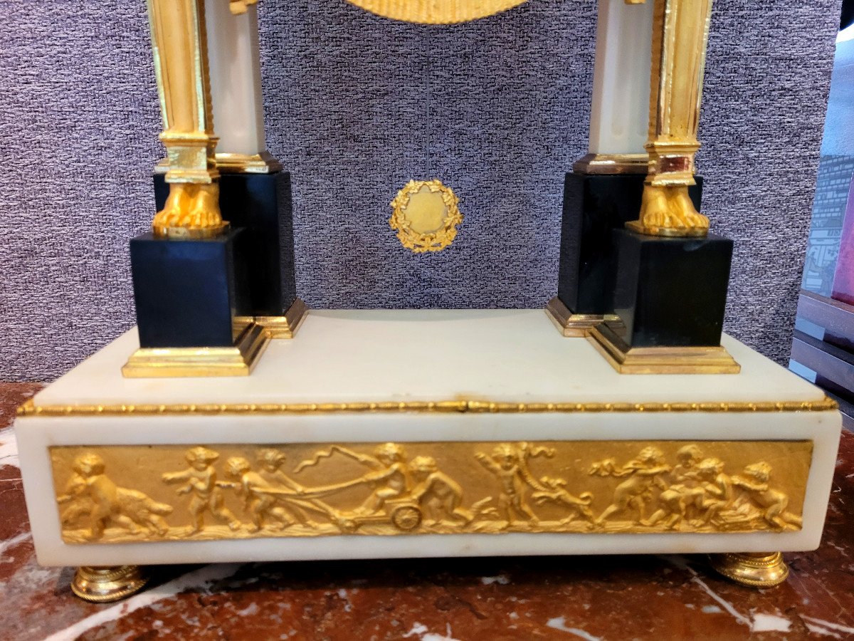 Empire Portico Clock, Gilt Bronze, Carrara Marble And Black Marble-photo-1