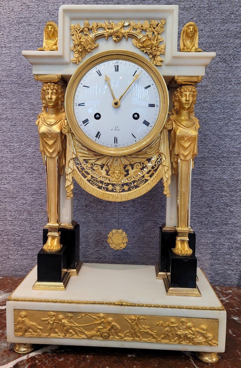 Empire Portico Clock, Gilt Bronze, Carrara Marble And Black Marble