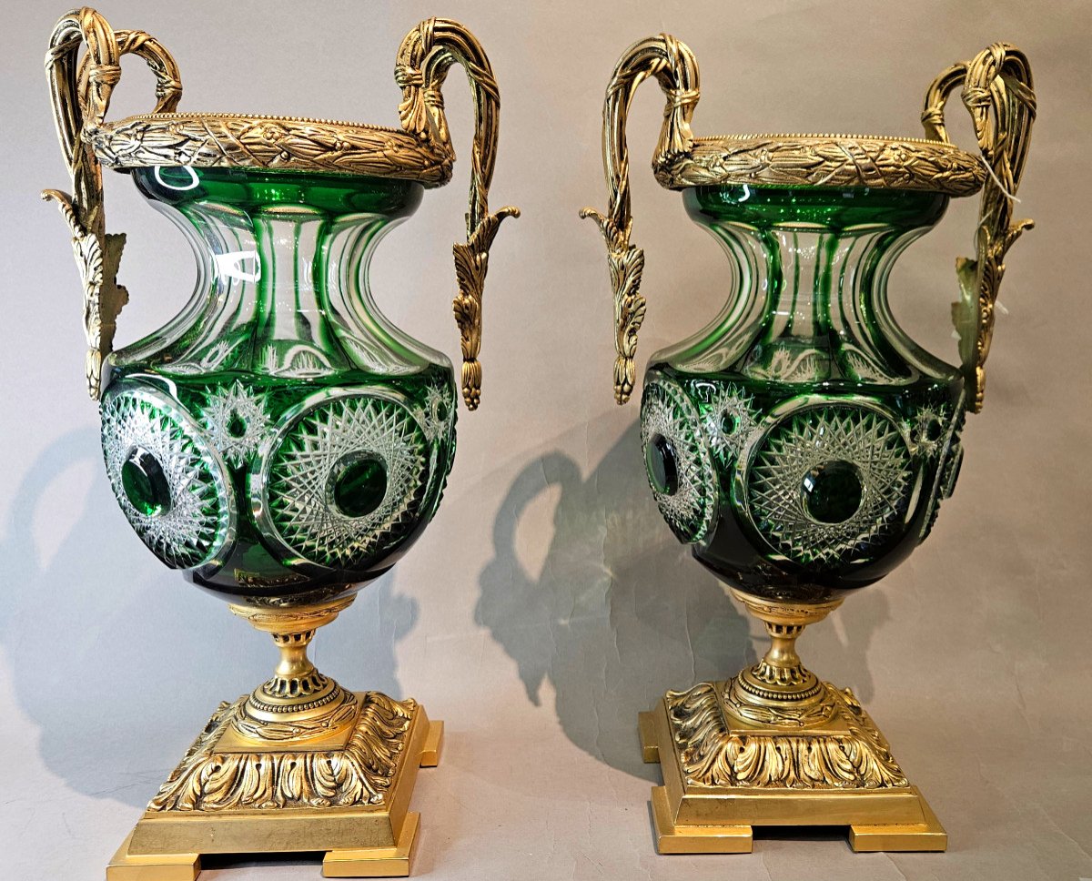 Pair Of Large Cut Crystal And Bronze Vases