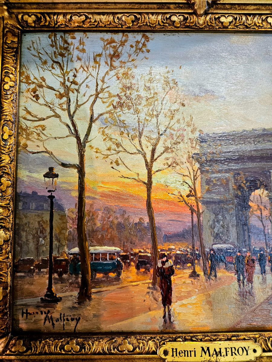 Paire De Tableaux Huile Sur Bois,vues De Paris,  Henry Malfroy;  l'Etoile Et La Porte St Denis.-photo-3