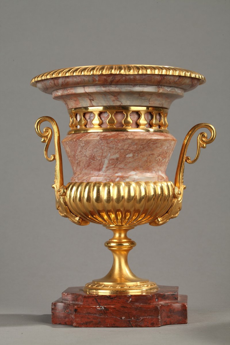 Paire Vases Médicis Marbre Rose, Bronze Doré-photo-2