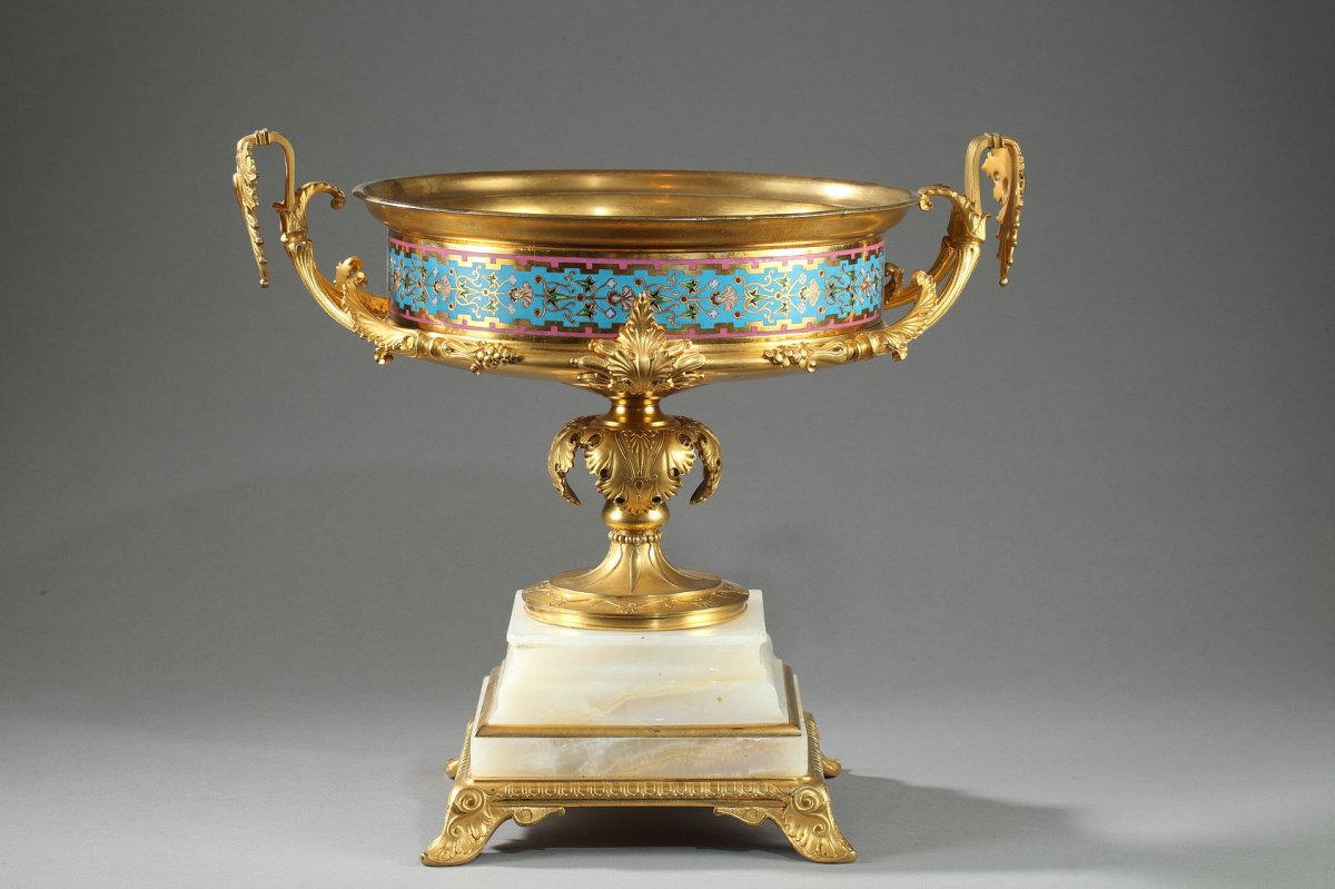 Grande Coupe En Bronze Doré, Onyx d'Algérie Et émaux Cloisonnés