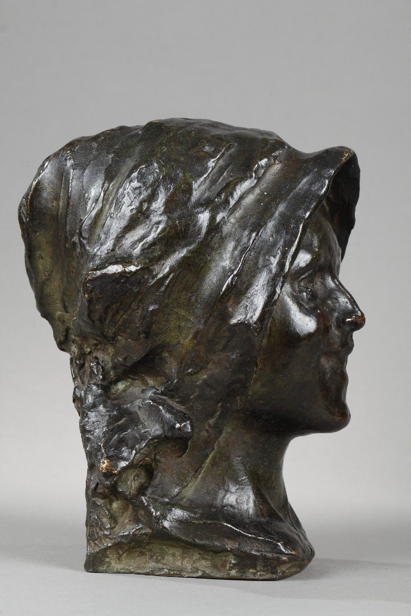 Smiling Head Of Girl. Bronze Attr. Constantin Meunier-photo-4