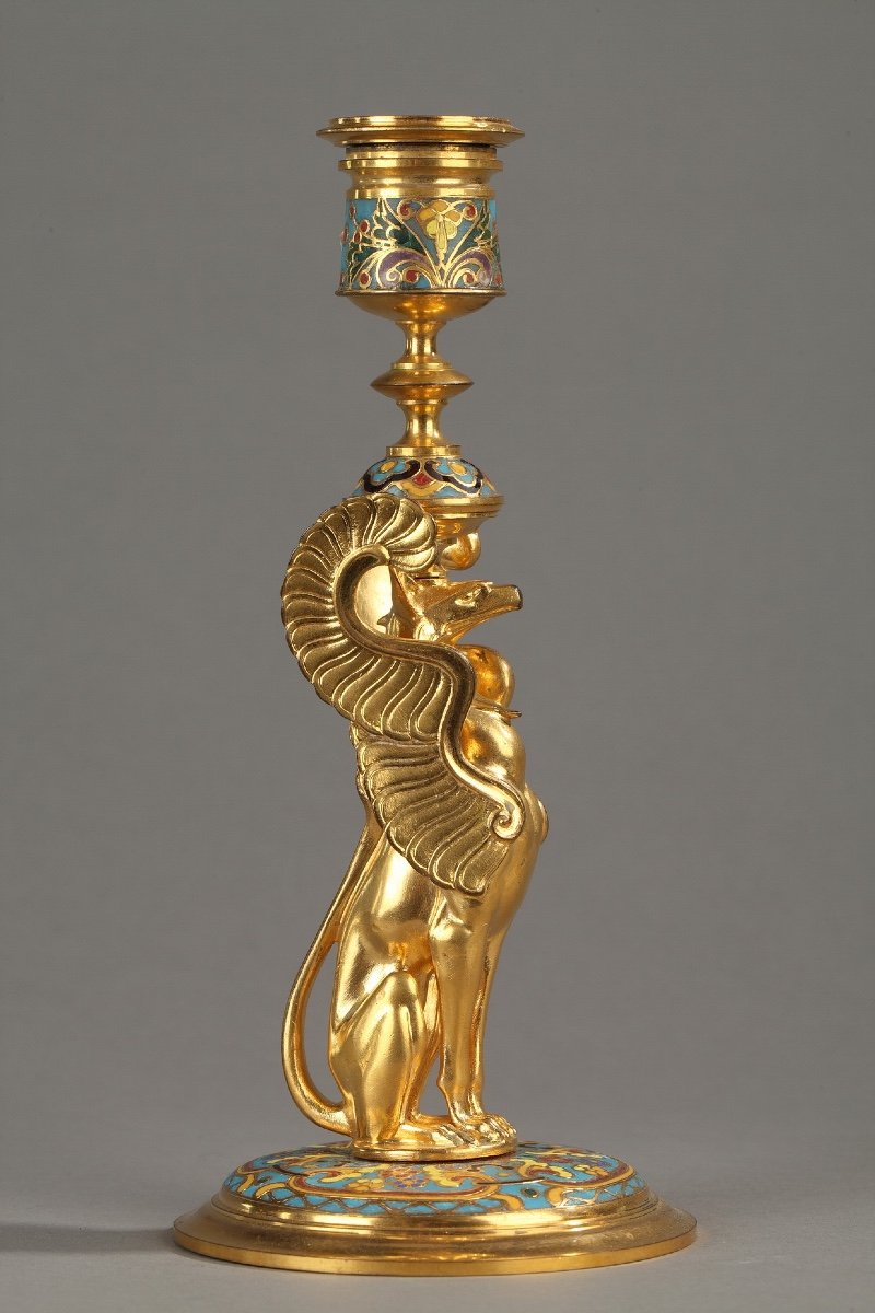 Candlesticks With Winged Griffins F. Barbedienne In Cloisonne And Gilt Bronze-photo-3