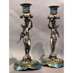 Pair Of Candlesticks In Cloisonne Enamel And Bronze