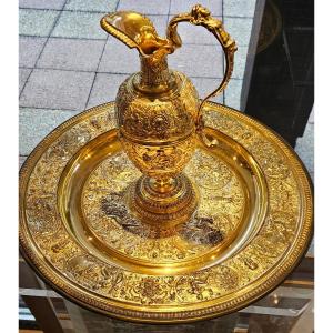 Large Ewer And Its Basin In Chiseled And Gilded Bronze