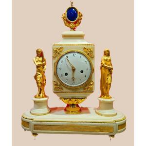 Rare Pendule Louis XVI , Marbre Carrare, Bronze Doré Et Lapis Lazuli