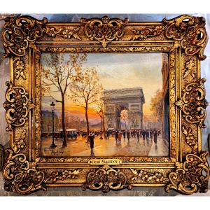 Paire De Tableaux Huile Sur Bois,vues De Paris,  Henry Malfroy;  l'Etoile Et La Porte St Denis.