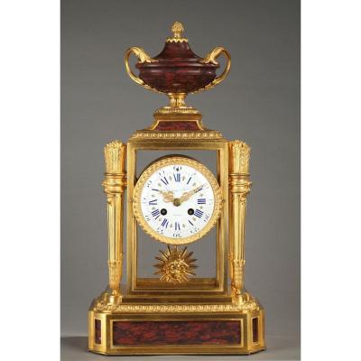 Cage Clock Signed Raingo Frères, Ormolu Bronze And Red Marble.