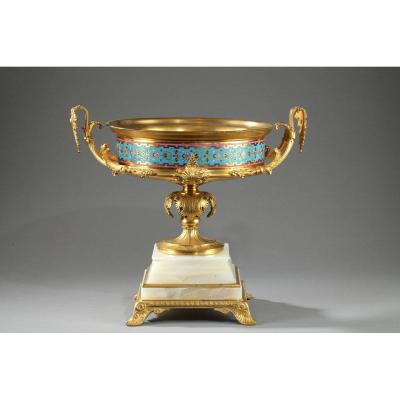 Grande Coupe En Bronze Doré, Onyx d'Algérie Et émaux Cloisonnés