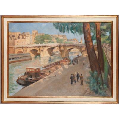 The Pont Neuf In Paris. Important H / Canvas Signed: Broët