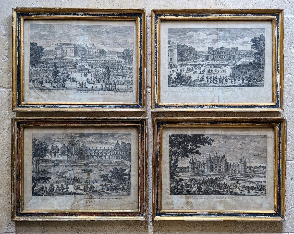 4 Framed Engravings Circa 1675 By Perelle. Chantilly Chambord Maisons-laffitte Fontainebleau-photo-2