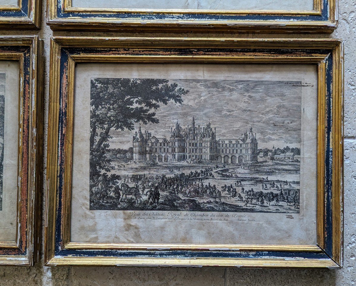 4 Framed Engravings Circa 1675 By Perelle. Chantilly Chambord Maisons-laffitte Fontainebleau-photo-1