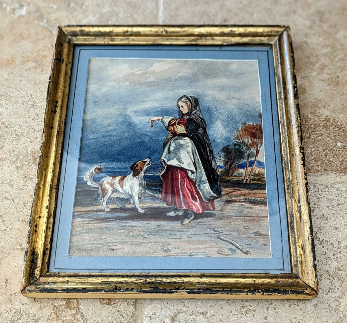 Aquarelle La Jeune Fille et le Chien -photo-3