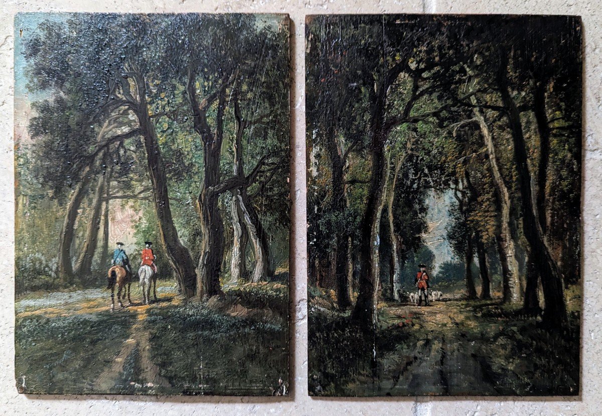 2 peintures sur panneaux :  cavaliers, homme et ses chiens