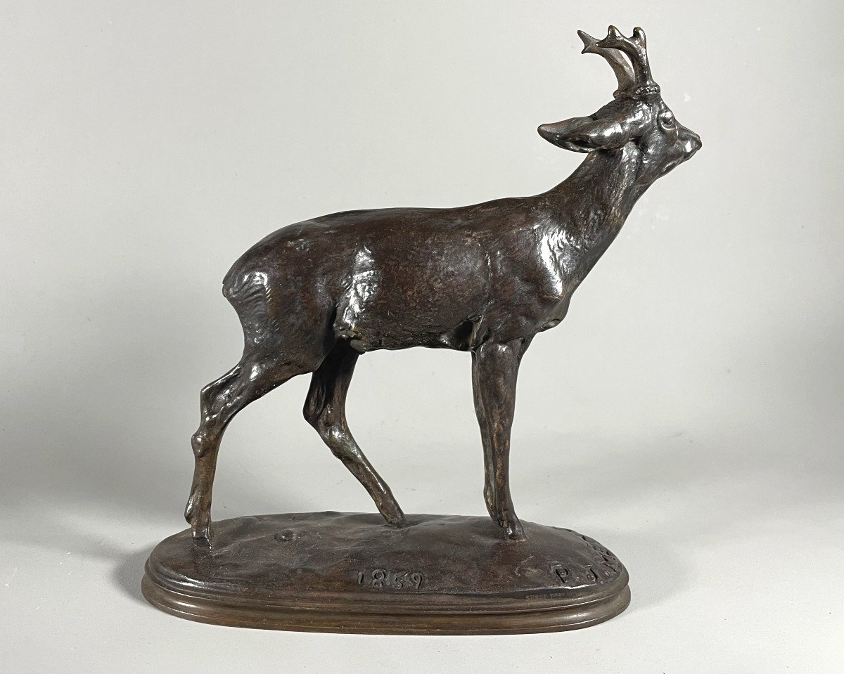  Pierre Jules Mêne 1810-1879 Chevreuil . Bronze Patiné daté 1859 -photo-2