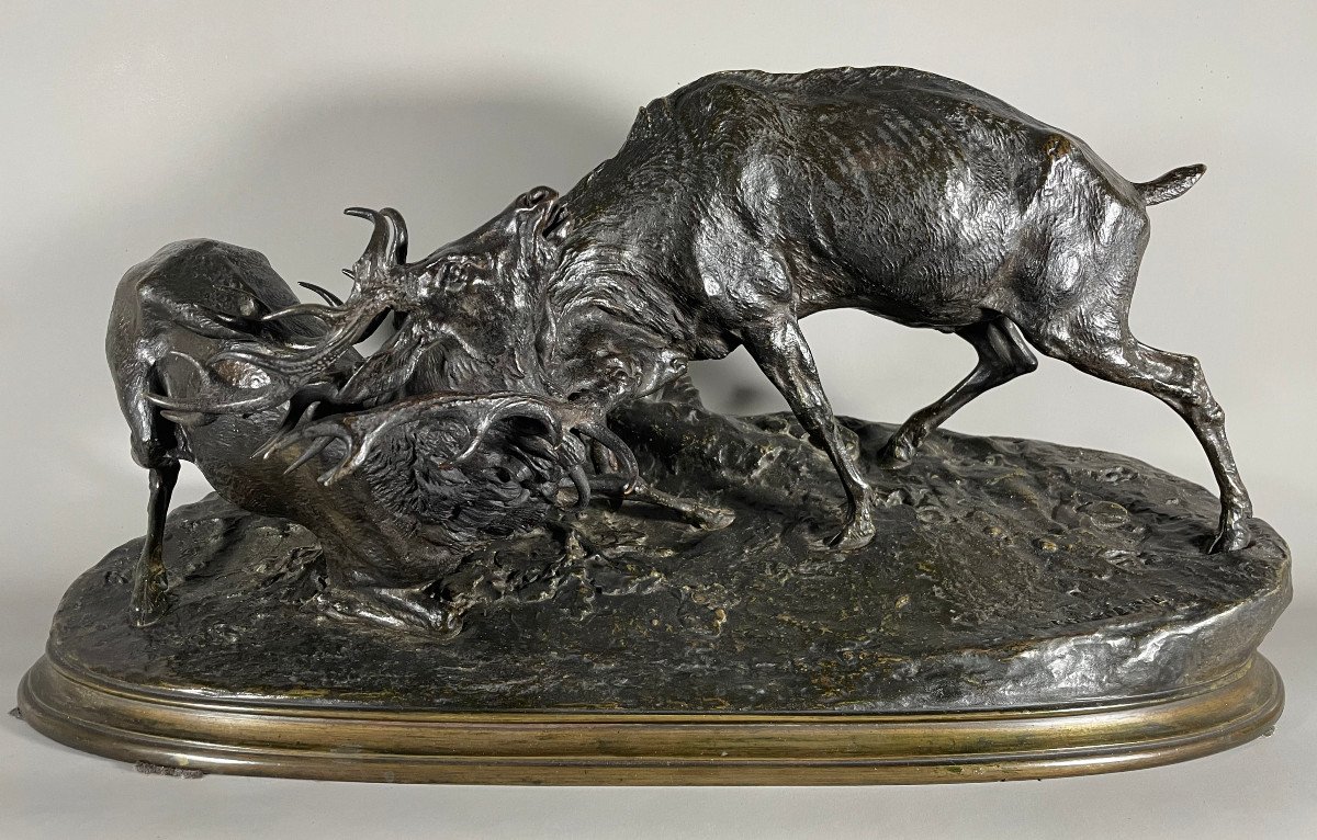 Pierre Jules Mêne 1810-1879 Groupe De Cerfs Combattant  . Bronze Patiné-photo-2