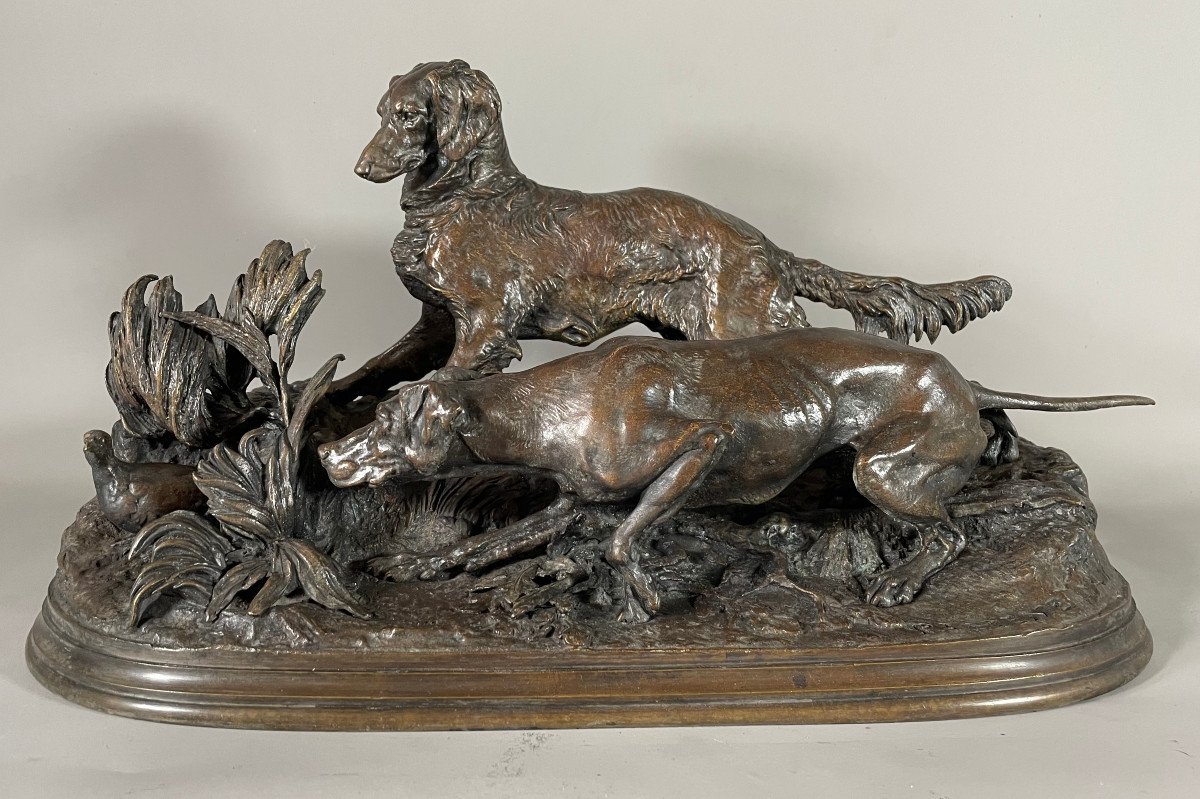 Pierre Jules Mêne 1810-1879 Partridge Hunting. Bronze Brown Patina Medal 