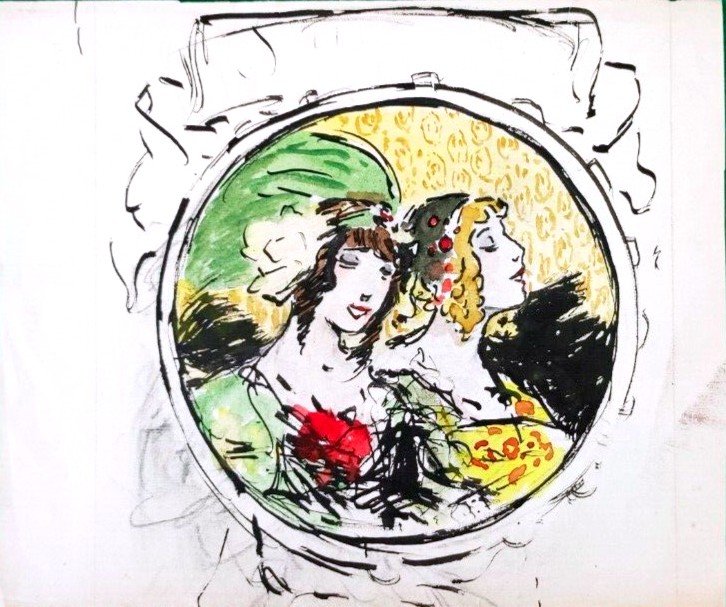 C16/57-DESSIN ORIGINAL-ERNEST GAYAC-AQUARELLE-FEMMES-1920-photo-1