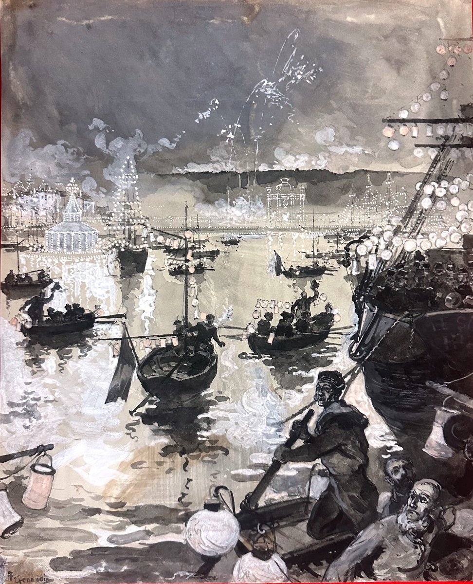 Auguste Gérardin-gouache And Original Wash-signed-festival-ships And Sailors-circa 1880-photo-2