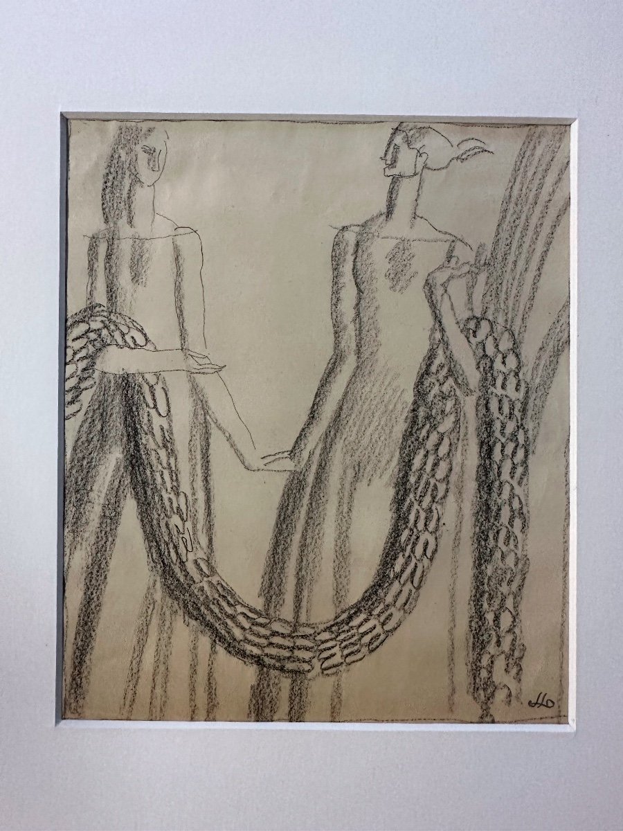 C27/41-original Drawing-pencil-charcoin-jean Dupas-femmes Au Boa-1925-photo-2