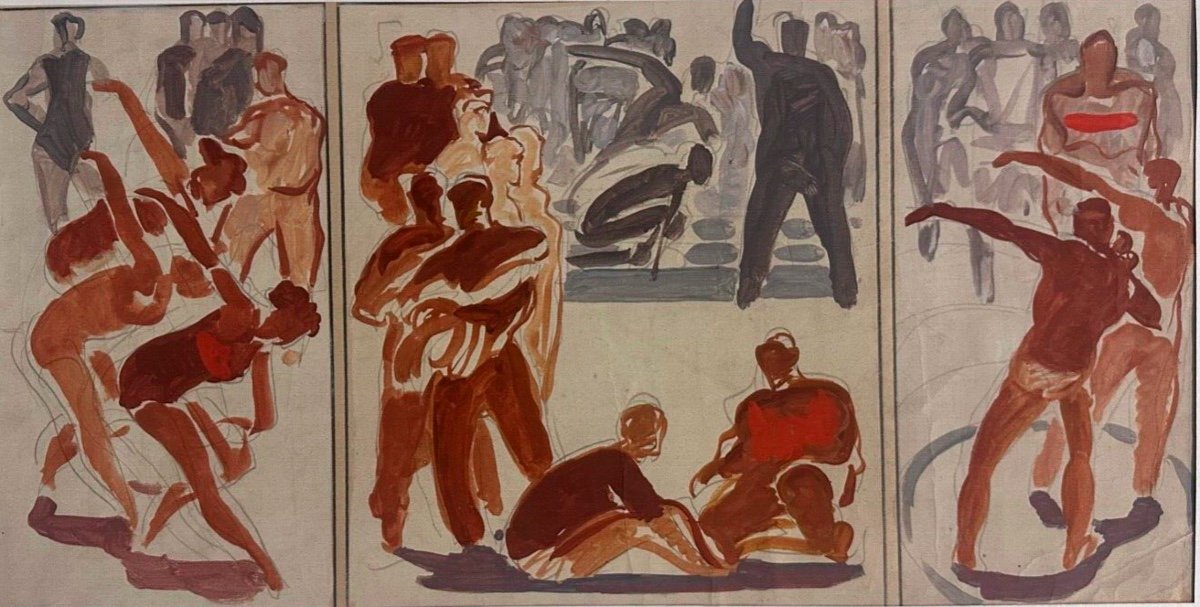 C27-DESSIN ORIGINAL-BORIS ALEXANDROVICH TALBERG-[LES ATHLÈTES-FRESQUE]-1960