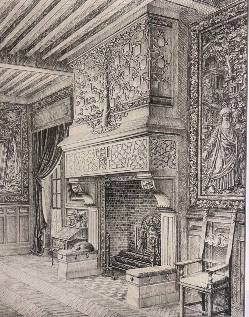 C27-DESSIN ORIG-A.LAMBERT VAUDOYER-[INTÉRIEUR-CHÂTEAU-CHEMINÉE]-[V.LE DUC]-1901