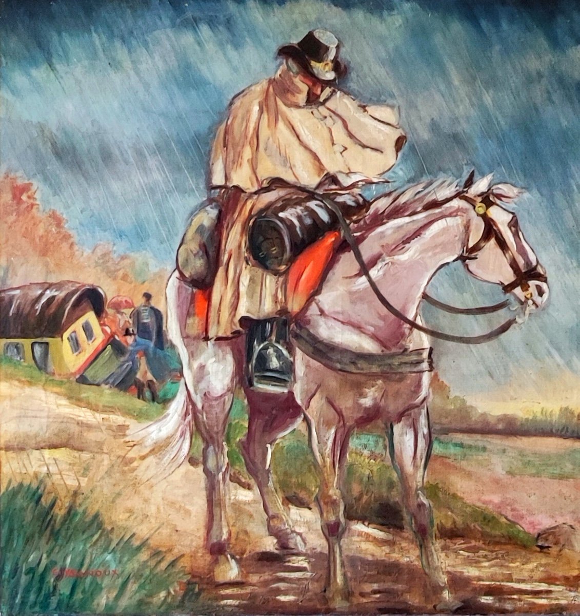 PEINTURE À L'HUILE-GUY ARNOUX-LA POSTE À CHEVAL À LA RÉVOLUTION-L'ACCIDENT DE LA MALLE POSTE