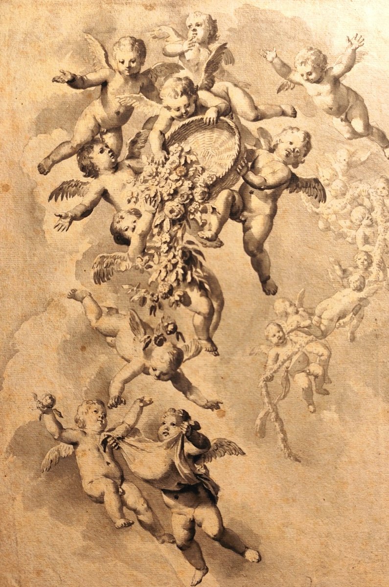 C27/115-DESSIN ORIGINAL-JACOB DE WIT-ANGELOTS-ANGES DÉVERSANT DES FLEURS-17E-photo-2