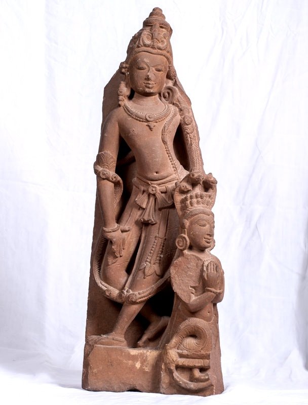 India, Medieval Period, 12th-13th Century - Divinity And Kneeling Worshipper In Pink Sandstone