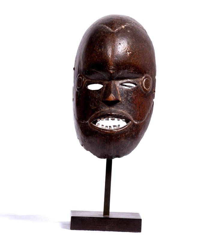 Culture Boki, Nigeria - Masque Souriant En Bois à Patine Brune Brillante Et Métal-photo-2