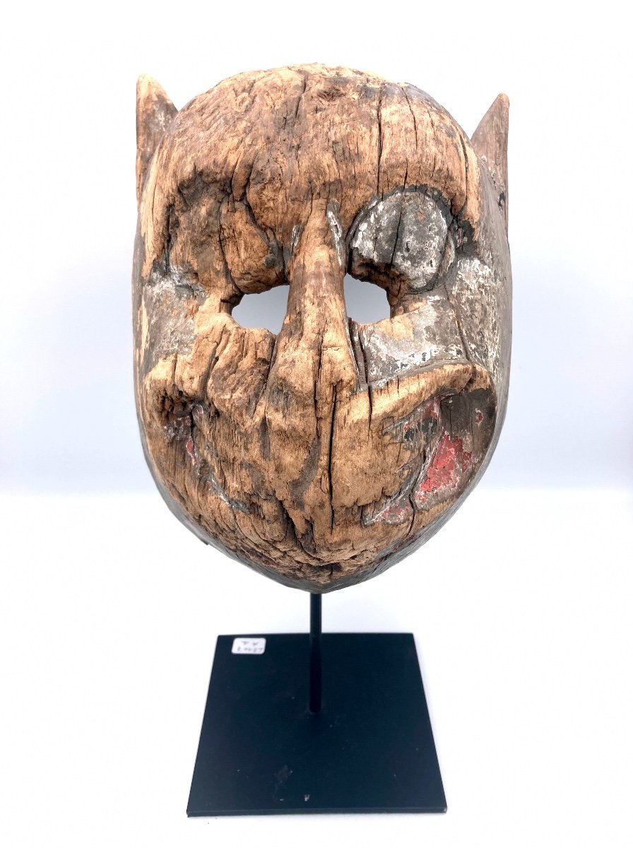 Nepal, 19th Century - Wooden Animal Mask With Traces Of White, Black And Pink Polychromy-photo-3