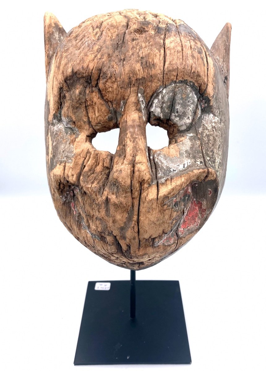 Nepal, 19th Century - Wooden Animal Mask With Traces Of White, Black And Pink Polychromy-photo-4