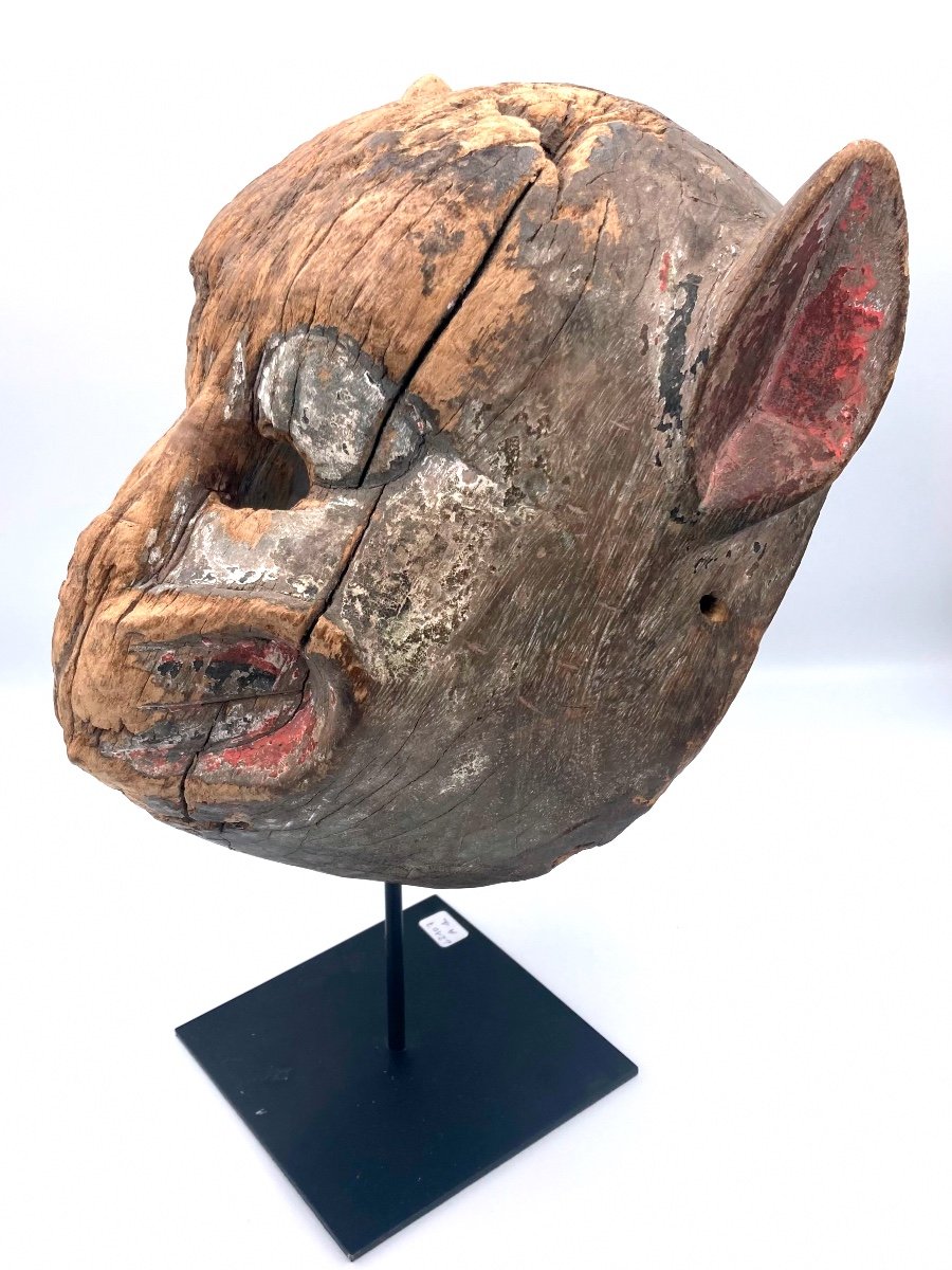 Nepal, 19th Century - Wooden Animal Mask With Traces Of White, Black And Pink Polychromy