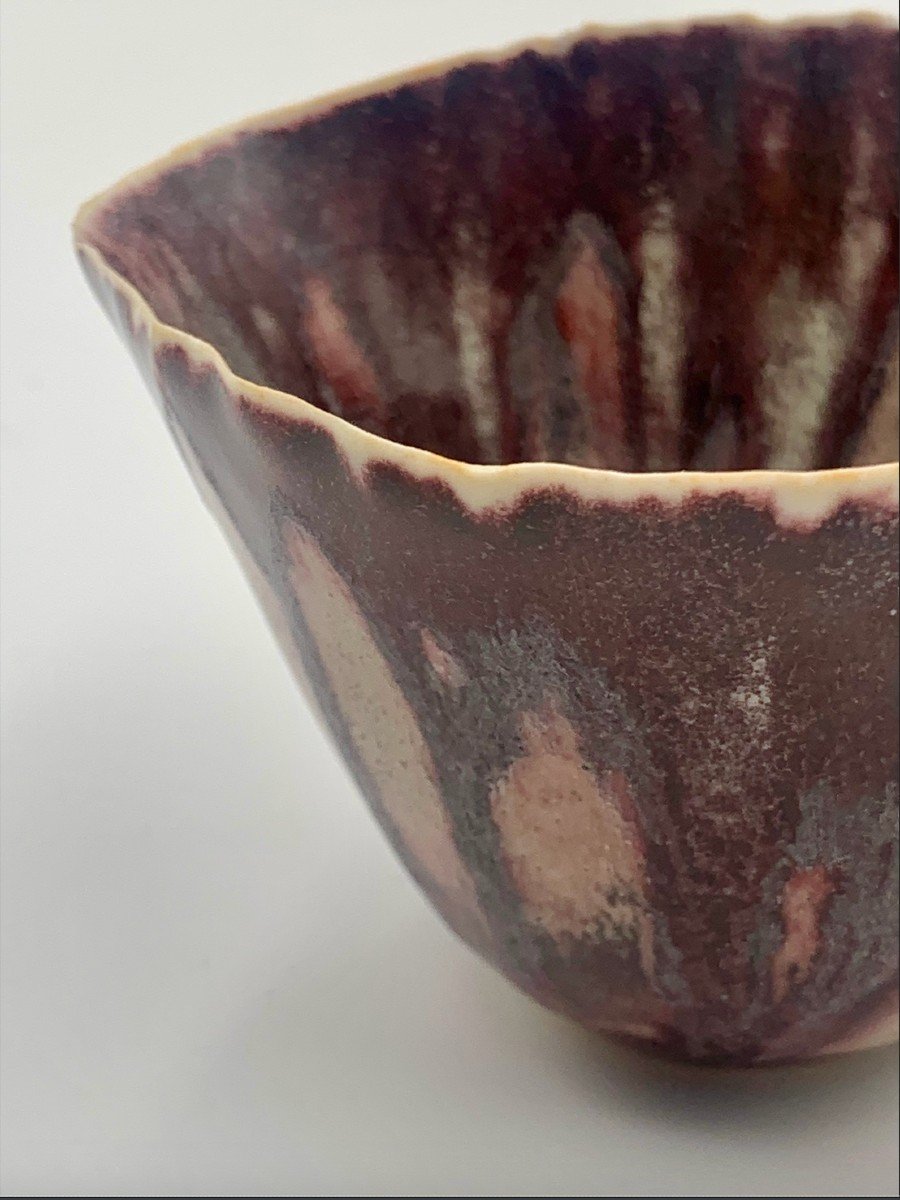 Small Purple And Beige Flared Cup - Porcelain Stoneware - Contemporary School - Raku Style -photo-2