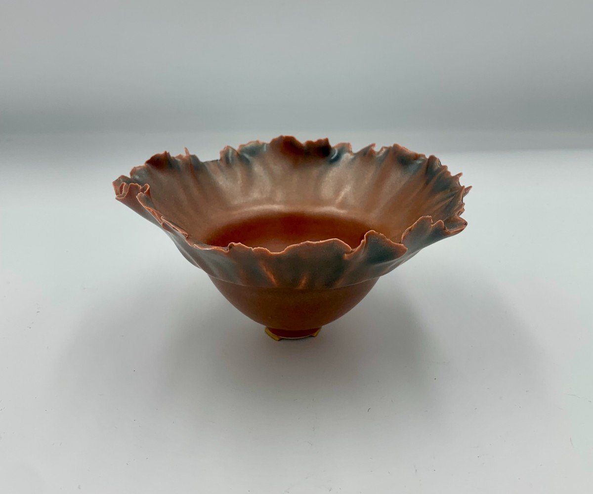 Marie-Laure Guerrier ( 1955 ) - Coupe En Porcelaine Orange  émaillée En Forme De  Corolle -photo-2