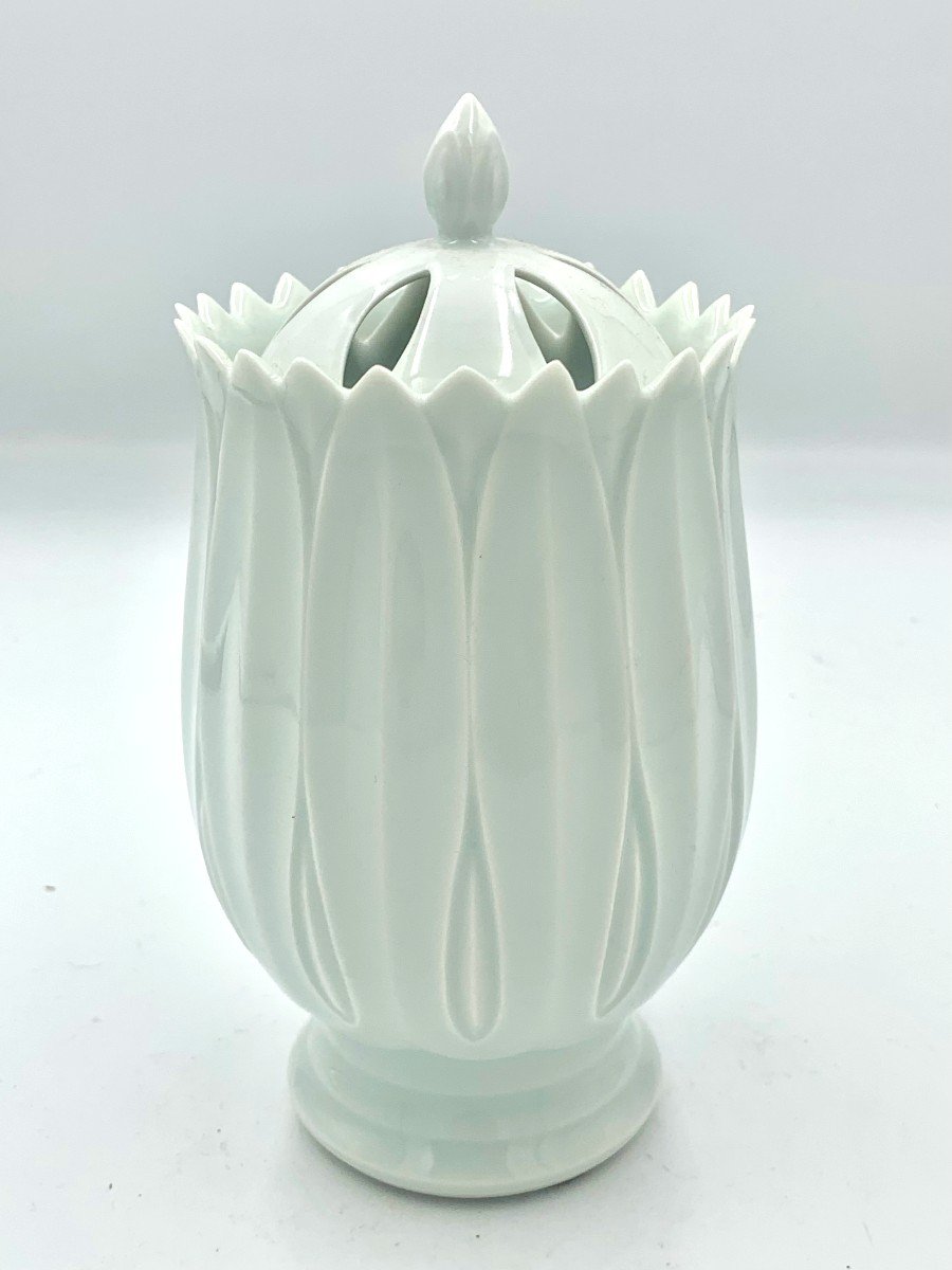 Perfume Burner Vase In The Shape Of A Closed Lotus Flower - Celadon Blue Ceramic - Japan 20th Century