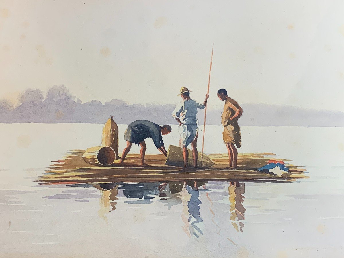 Stephen R. (early 20th Century.) - Fishermen On A Raft - Watercolor, Signed And Dated-photo-2