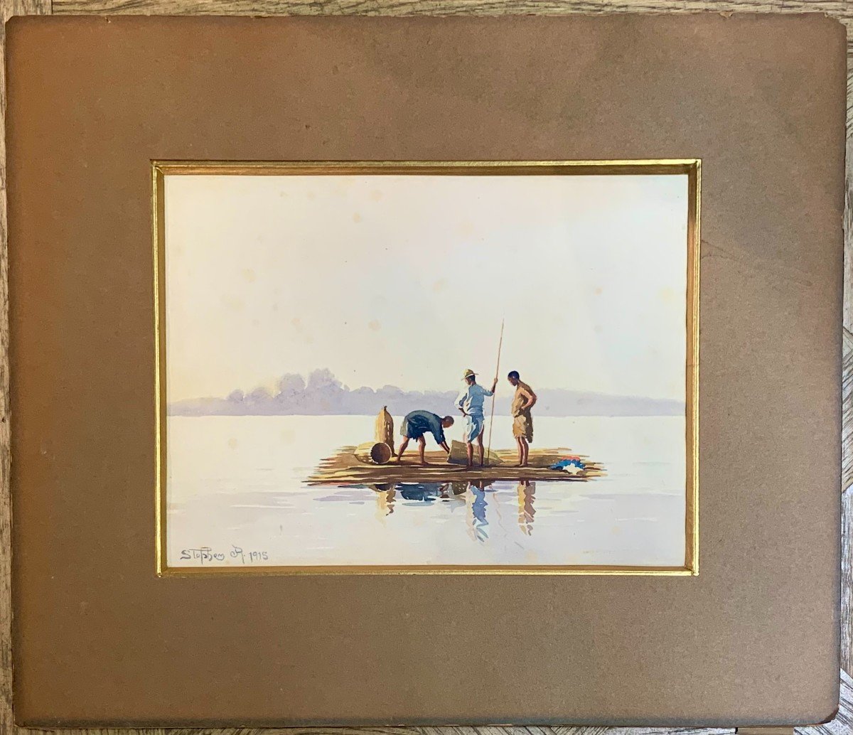 Stephen R. (early 20th Century.) - Fishermen On A Raft - Watercolor, Signed And Dated