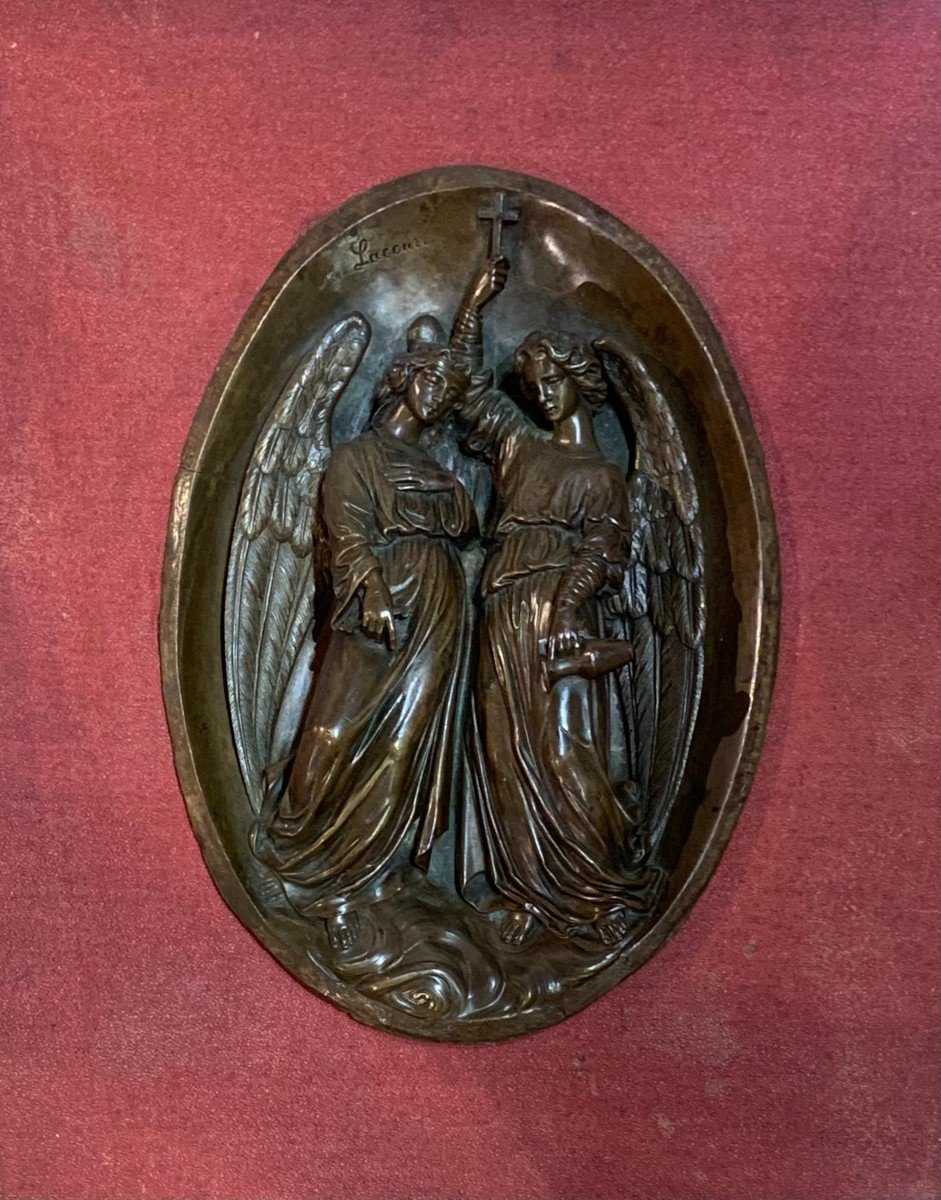 M. Lacour ( école Française De La Fin Du XIXe Siècle ) - Deux Anges - Bas-relief En Bronze-photo-2
