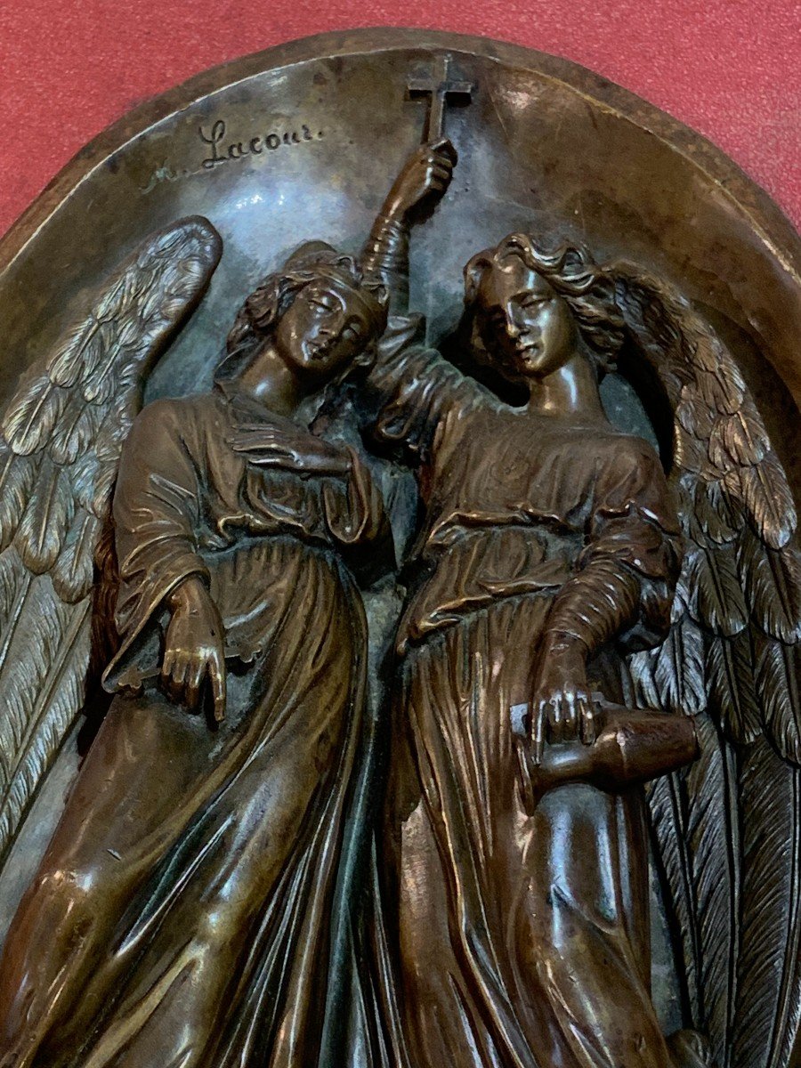 M. Lacour ( école Française De La Fin Du XIXe Siècle ) - Deux Anges - Bas-relief En Bronze-photo-3