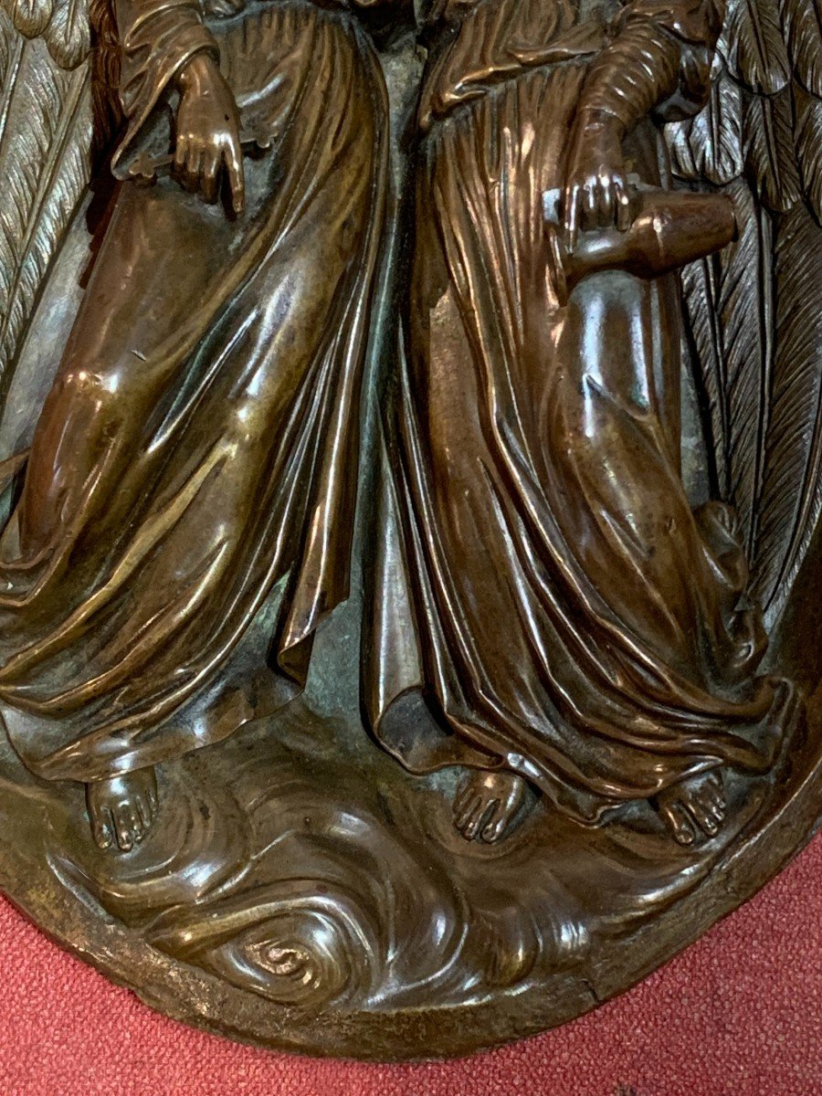 M. Lacour ( école Française De La Fin Du XIXe Siècle ) - Deux Anges - Bas-relief En Bronze-photo-1