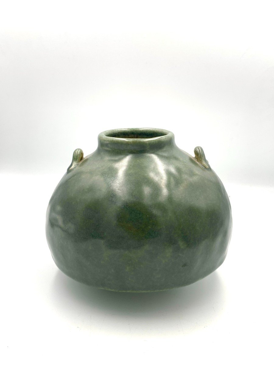 Marc Uzan (né En 1955) -  Vase Pansu En Céramique à Engobe Vert Gris à Double Anses